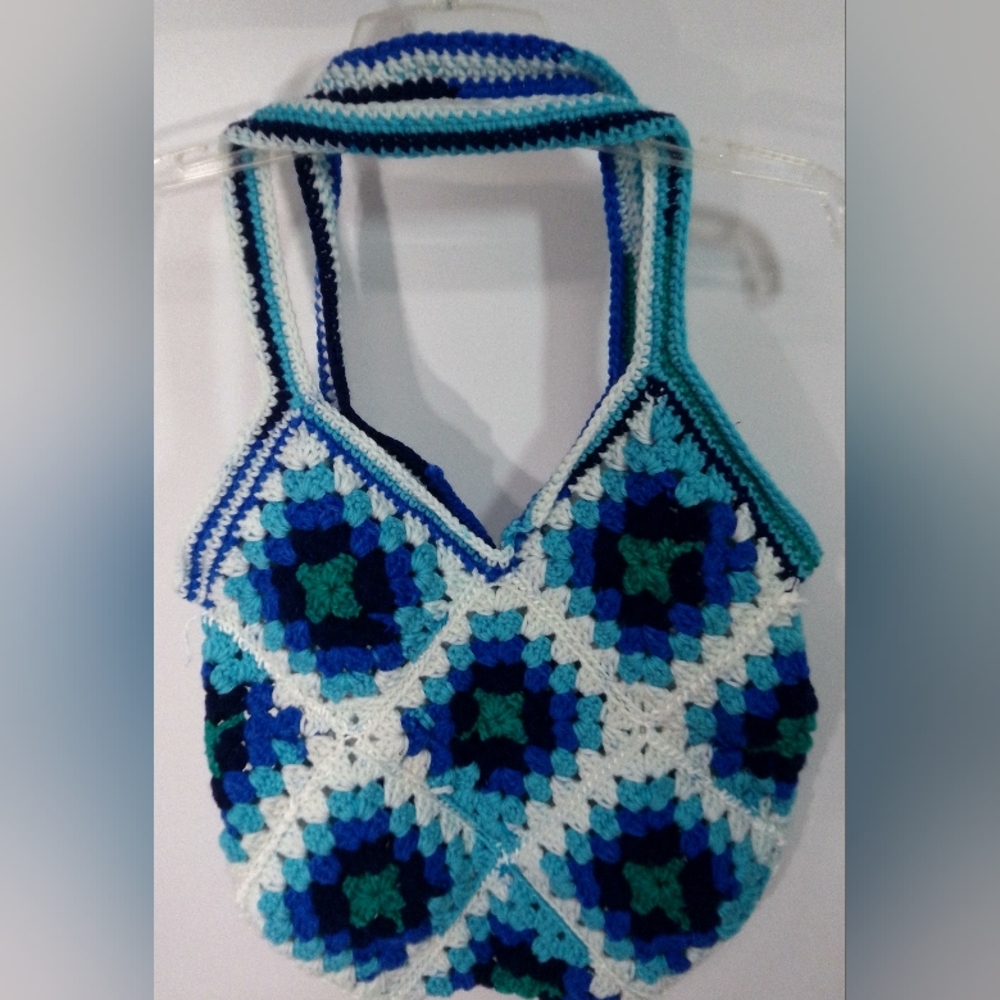 Handmade Crochet Granny  Square Handbag Boho Tote Beachy Multicolored Blues